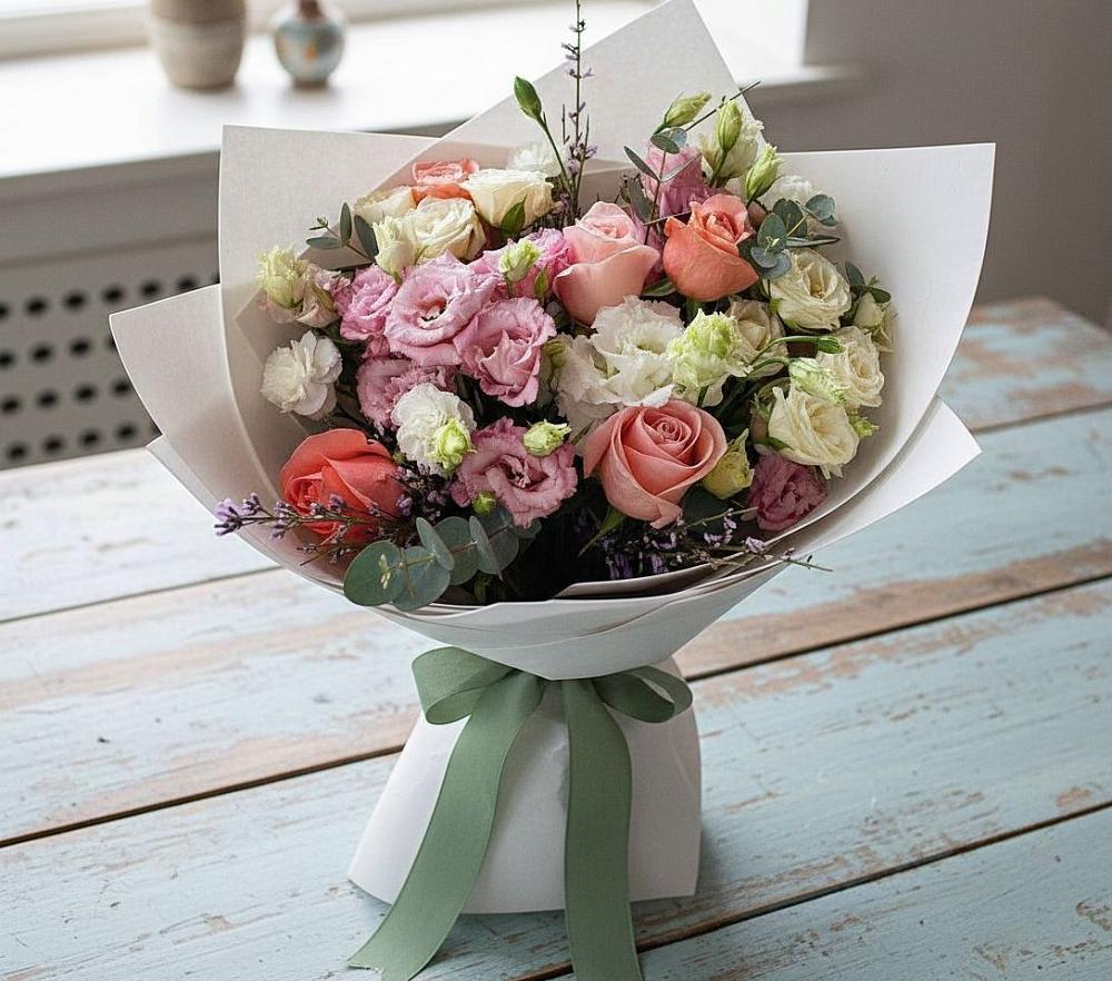 Букет цветов из: Розы, Лизиантусы и Гвоздики в Череповце