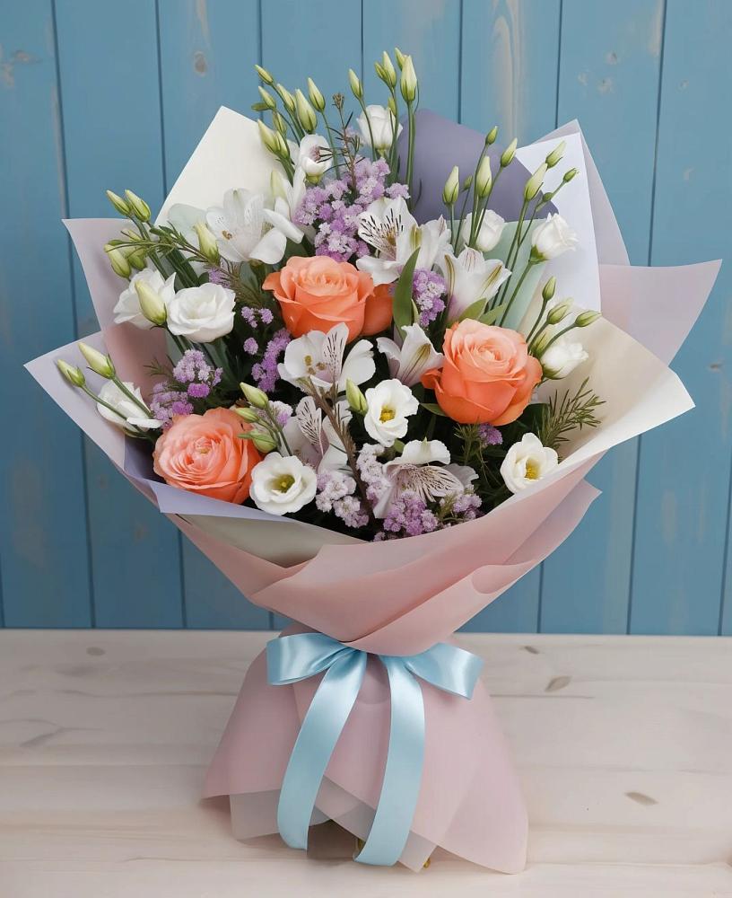 Букет цветов из: Лизиантусы, Розы, Альстромерии и Гипсофила в Череповце