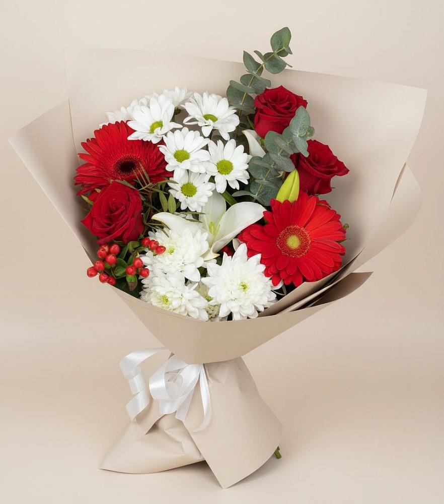 Букет цветов из: Розы, Хризантемы, Герберы и Лилии в Череповце